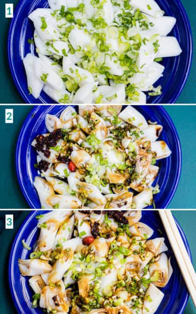 Image collage of 3 steps to making rice noodle rolls including mixing the sauces