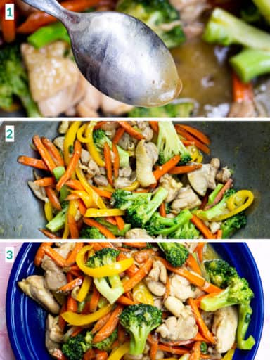 Image collage of 3 steps to finish the chicken stir fry