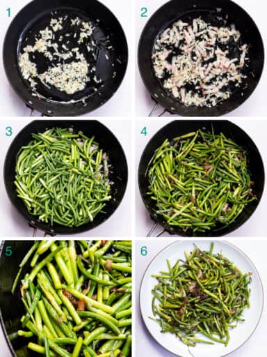 A collage of 6 images to show the process of sautéing garlic scapes with bacon
