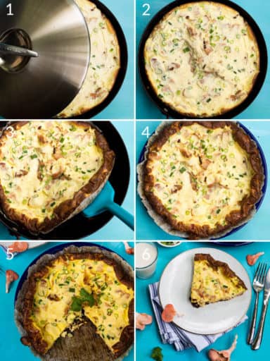 A collage of 6 images to show cooking the mushroom quiche