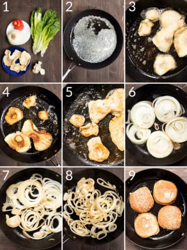A collage of 9 images showing how to cook the mushrooms in butter to make a meatless burger