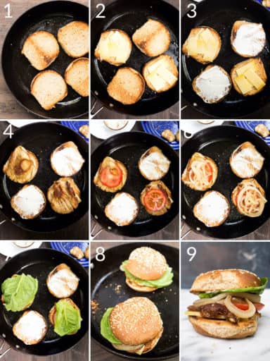 A collage of 9 images showing how to assemble a mushroom burger