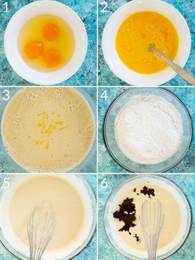 A collage of 6 images showing how to mix the wet and dry ingredients to make the red bean glutinous rice cake