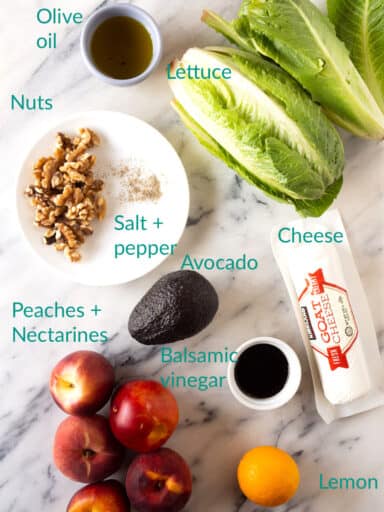 Ingredients for making summer salad with peaches
