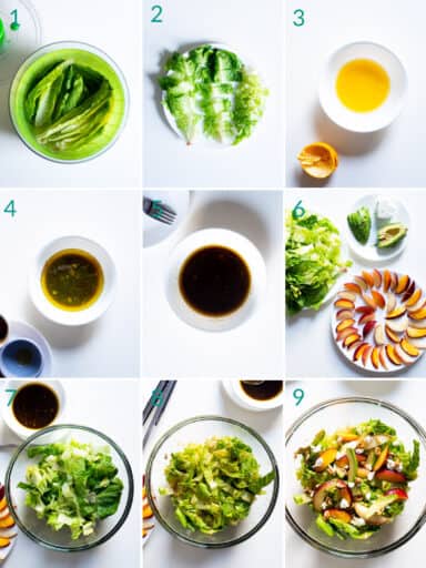 A collage of 9 images showing how to prepare summer salad with peaches