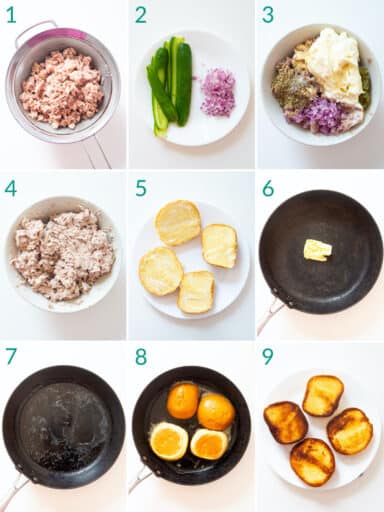 A collage of 9 images showing how to prepare tuna salad to make a tuna melt