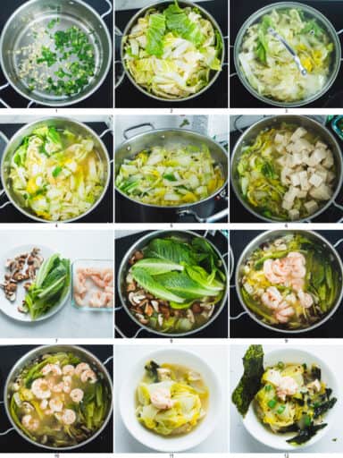 A collage showing 12 steps to making braised cabbage soup