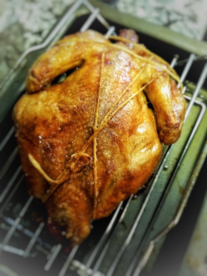 Roasted Chicken on roasting rack. Stories from garlicdelight.com.