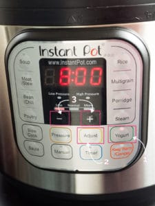 Annotated image showing the buttons to press on the Instant Pot for incubating crème fraîche