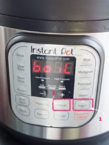 Annotated image showing the buttons to press on the Instant Pot for boiling milk