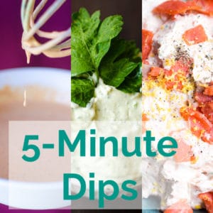Spicy mayo, herb dip, and smoked salmon dip side by side with a text overlay