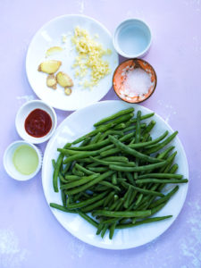 Overhead view of green beans stir fry ingredients