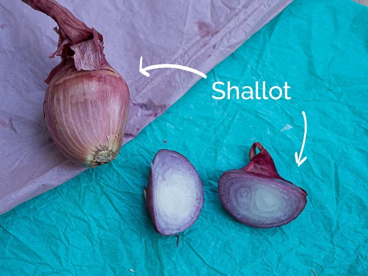 A view of a shallot chopped in half to see the cross sectional view and the outer skin