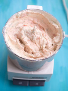 Blended salmon and cream cheese dip in a mini food processor