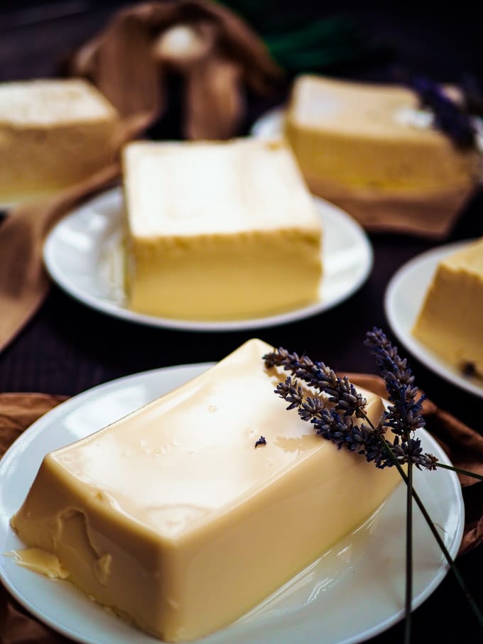 Close up look of all the different types of soft and silken tofu on white plates on dark background.