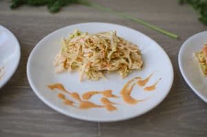 Close up shot of spicy coleslaw on white plates. Recipe from garlicdelight.com.