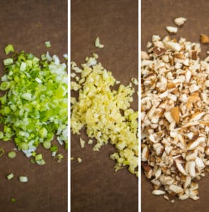 3 images of chopped green onions, chopped garlic, and chopped mushrooms