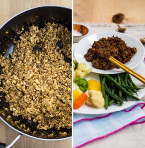 2 images of the finished mushroom meat sauce in a pan and served next to steamed vegetables