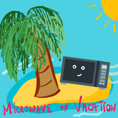 An illustration of a microwave on a beach