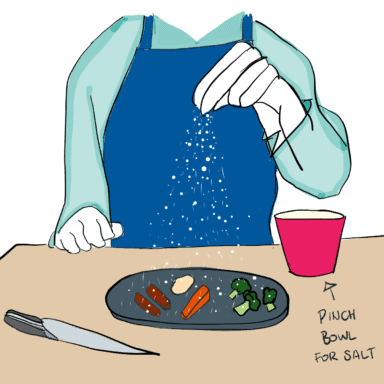An illustration of someone salting a dish