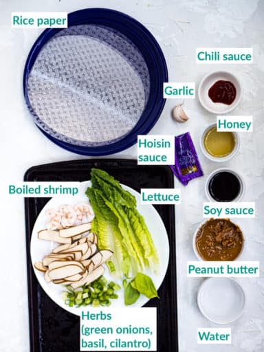 The ingredients for making spring rolls on a white background