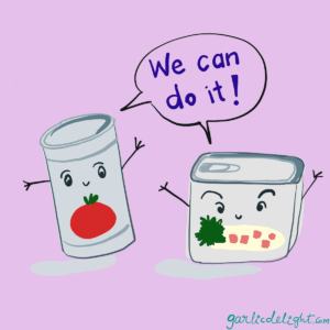 cartoon illustration that says "we can do it" with two metal cans